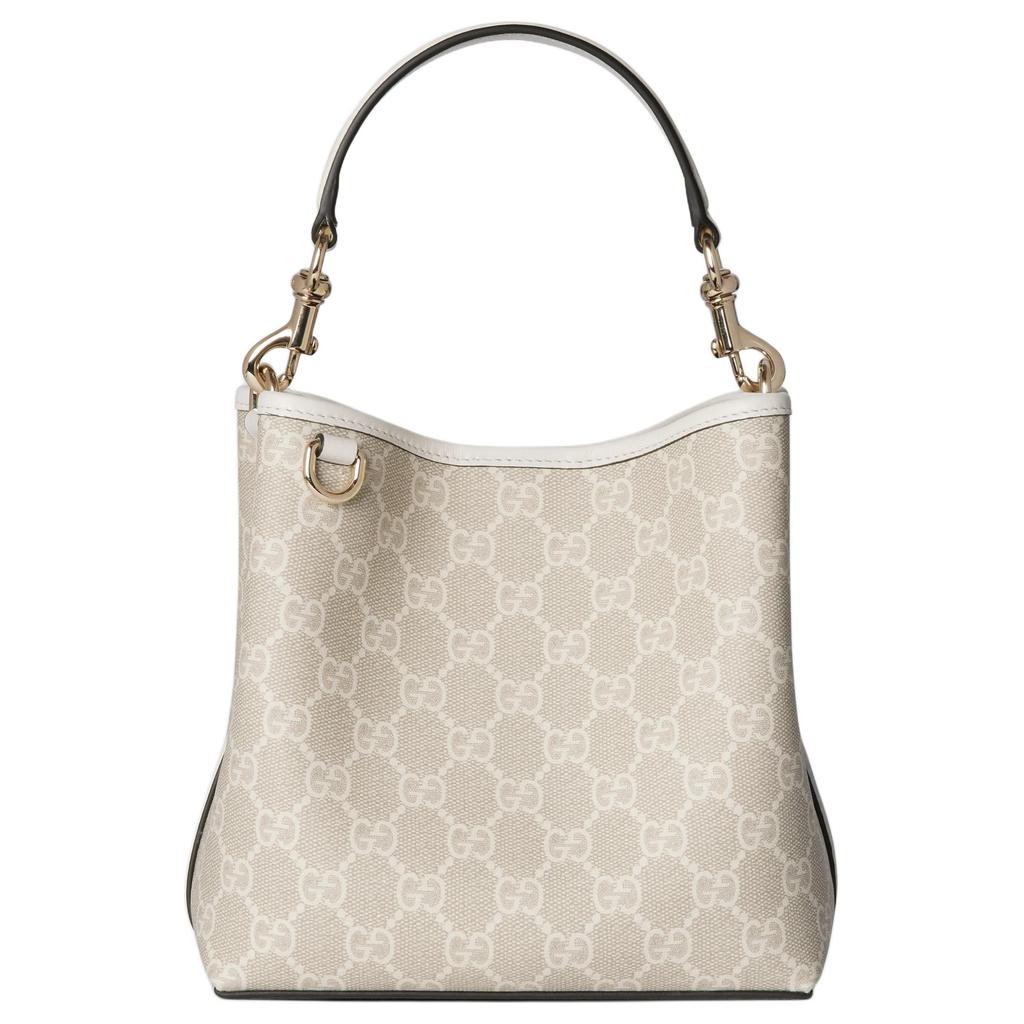 Gucci GG Supreme Beige Canvas Mini Bucket Bag, White Leather Trim, Women's Daily Shopping Travel Shoulder Handbag 815118-FAD6L-9641
