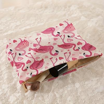 1pc Flamingo Heart Pattern Makeup Bag Portable Cosmetic Organizer Zipper Storage Pouch Floral Accents Travel Cosmetic Bag