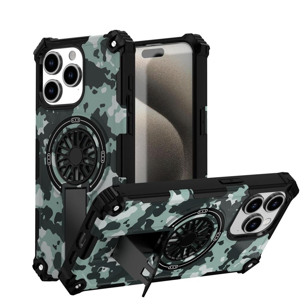 Painting Army Camouflage Carbon Fiber Magnetic Bumper Phone Case With Kickstand For iPhone 17 16 15 Pro Max Samsung S25 S24 A56 Hard Protective Cover