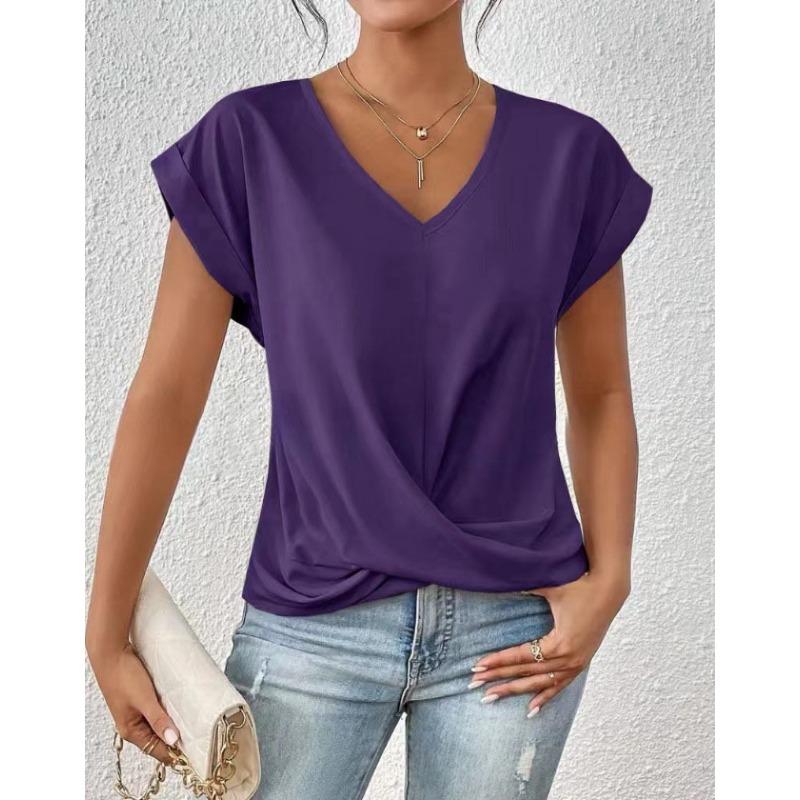 Autumn new products women's lightweight breathable V-neck T-shirt elegant knotted loose short-sleeved top women