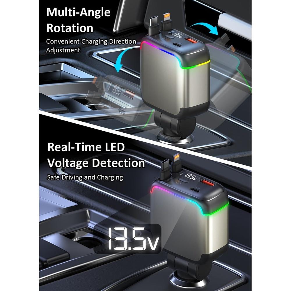137W Retractable Car Charger for Lighter PD 65W Fast Charging Car Charger 90cm Retractable Lightning and Type-C Cables USB-A and USB-C Port Over-heat