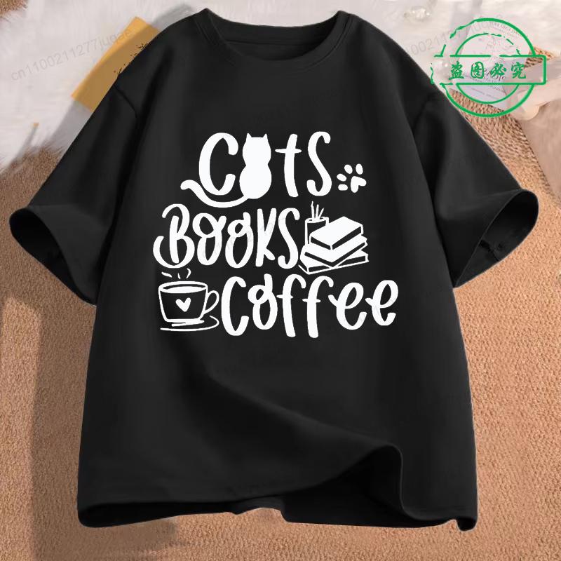 Kočky Knihy a Káva Móda Pánské Tričko Topy Krátký Rukáv Trička Čtení Knih Tričko Milovník Kávy Tričko pro Muže Oblečení