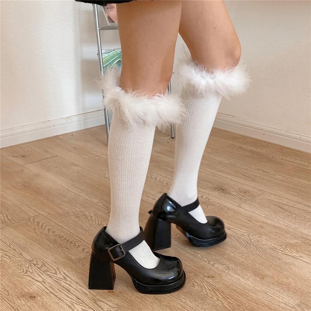 Feather Ruffle Socks Stockings Women JK Girls Solid Color Black White Long Socks Women Stockings Lolita Kawaii Cute Knee Socks