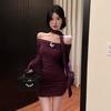 Sexy Slash Neck Long Sleeve Mini Dress Women Fall Winter Streetwear Slim Pleats Dress Y2K Fashion Solid Bottoming Wrap Dress New