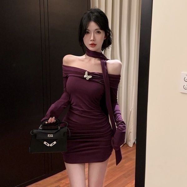 Sexy Slash Neck Long Sleeve Mini Dress Women Fall Winter Streetwear Slim Pleats Dress Y2K Fashion Solid Bottoming Wrap Dress New