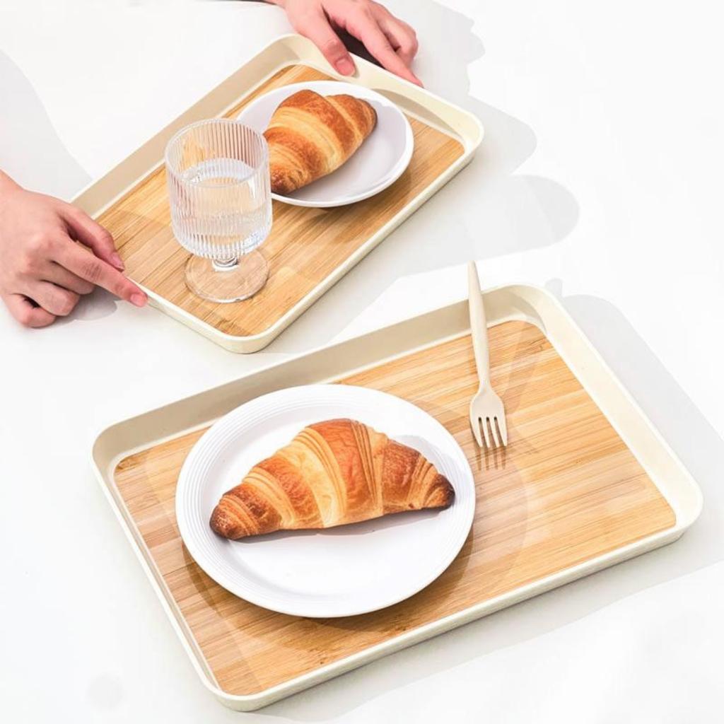 WORTHBUY Tavă Rectangulară de Servire Alimente din Plastic cu Aspect de Lemn, Reutilizabilă, pentru Gustări, Deserturi, Fructe, pentru Bucătărie, Living