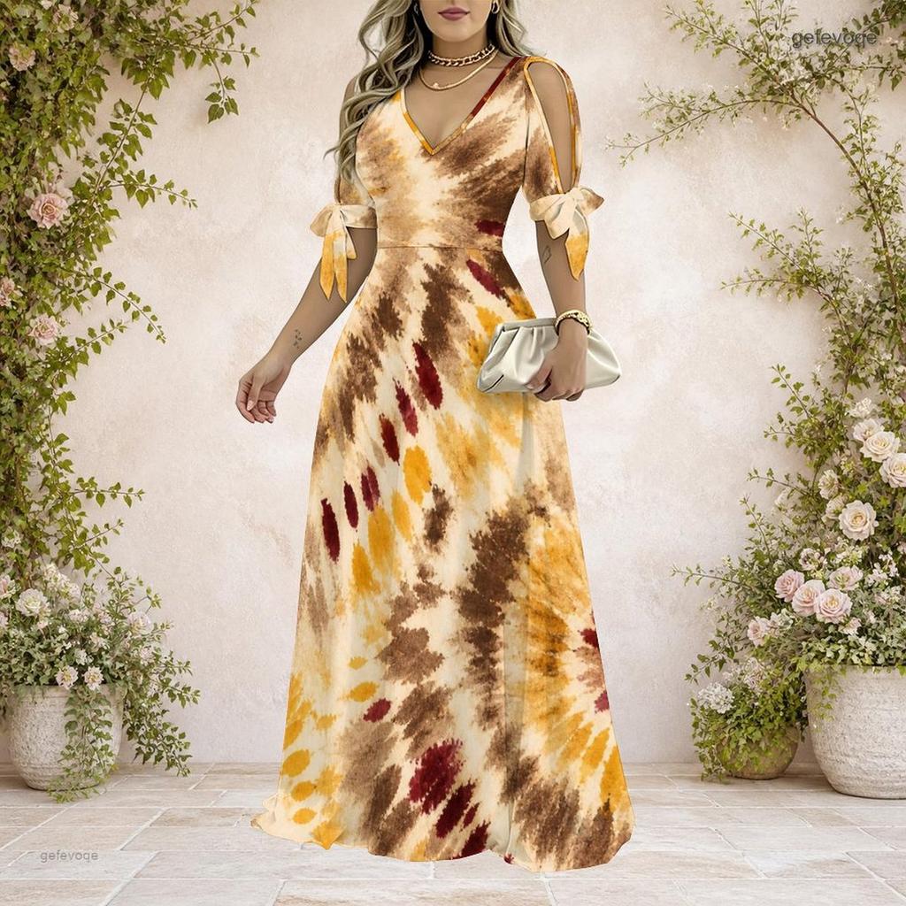 Women Plus Size V Neck Cold Shoulder Tie Cuffs Short Sleeve Black Beige Printed A Line Long Dress