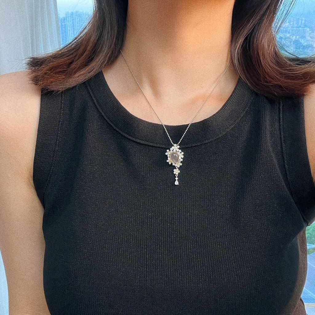 925 Silver Jadeite White Ice-Colored Natural Foam Jade Pendant, Real Shot.