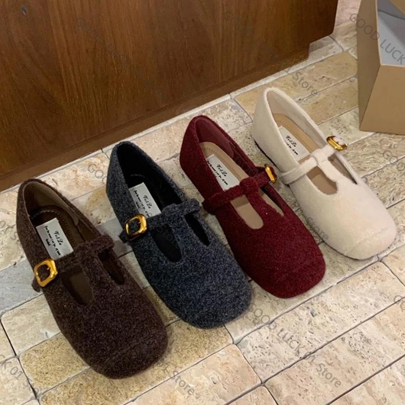 Fashion 2025 Autumn Woolen Fabric Women Flats Shoes Fashion Shallow Round Toe Shoes Ladies Comfort Ballet Style Mary Jane Shoes
