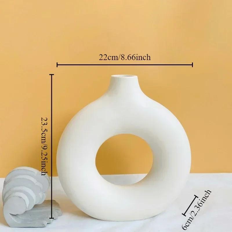 Creative Donut Shape Ceramic Vase Nordic White Circular Hollow Flower Vase Home Office Desktop Living Room Decoration Flower Pot