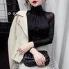 Black Women Half Turtleneck Long Sleeve Pullovers Net Yarn Patchwork See Through Slim Tops