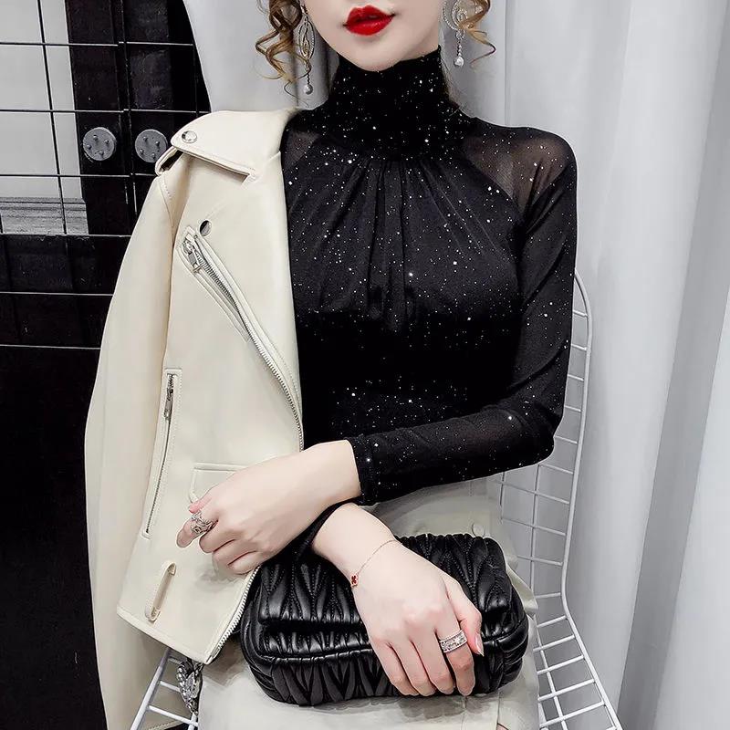 Black Women Half Turtleneck Long Sleeve Pullovers Net Yarn Patchwork See Through Slim Tops