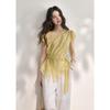 Mishow Women's Cream Yellow French Lace Tie-Waist Short Sleeve Blouse
