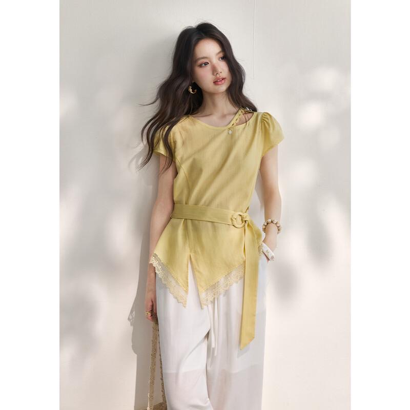 Mishow Women's Cream Yellow French Lace Tie-Waist Short Sleeve Blouse