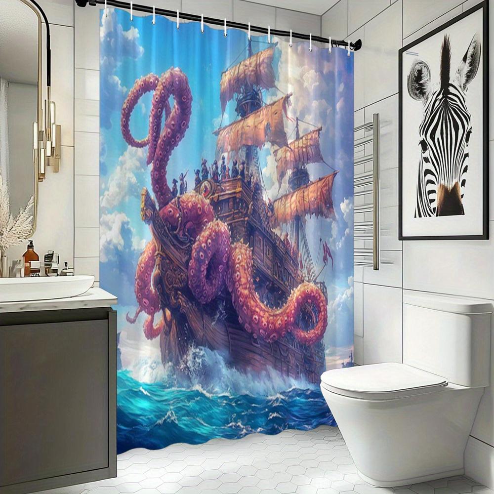 Fantasy Ocean Shower Curtain 1Pc – Octopus Wrapping Pirate Ship, Dramatic Sea Art Bath Curtain For Boys’ Room And Home Decor