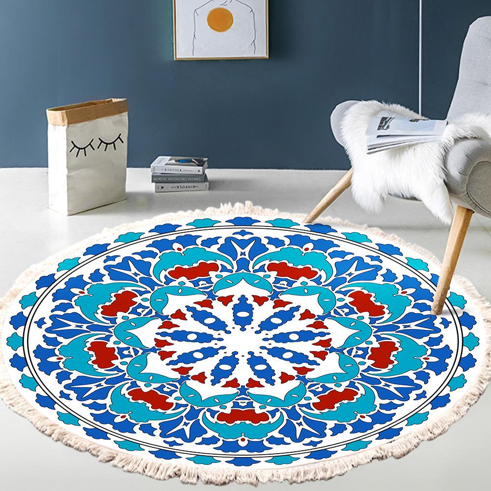 Nordic Round Carpets Bohemia Ethnic Tassel Yellow Mandala Carpet Living Room Cotton Linen Big Rugs Modern Classic 120cm Mats