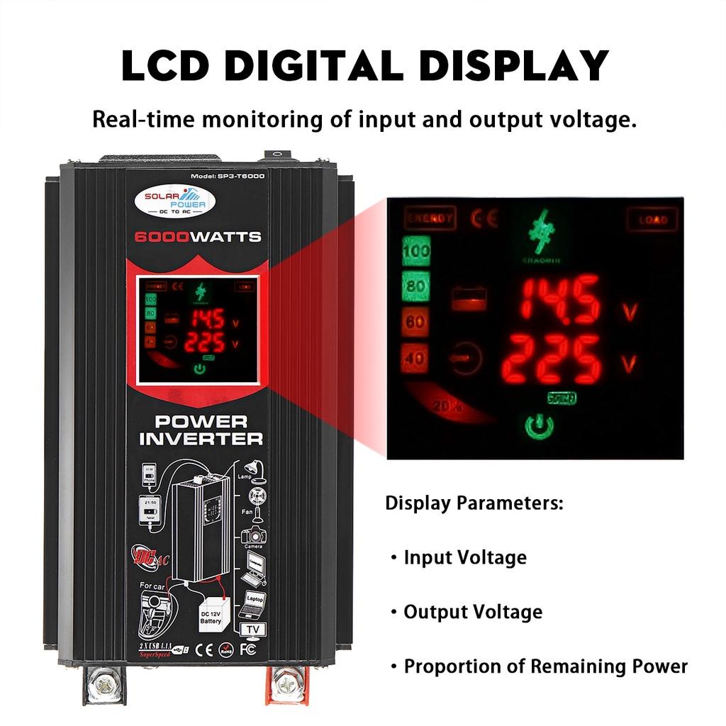 6000W 12V To 110V/220V USB Modified Sine Wave Voltage Transformer Car Adapter Charge Converter LCD Display Solar Power Inverter