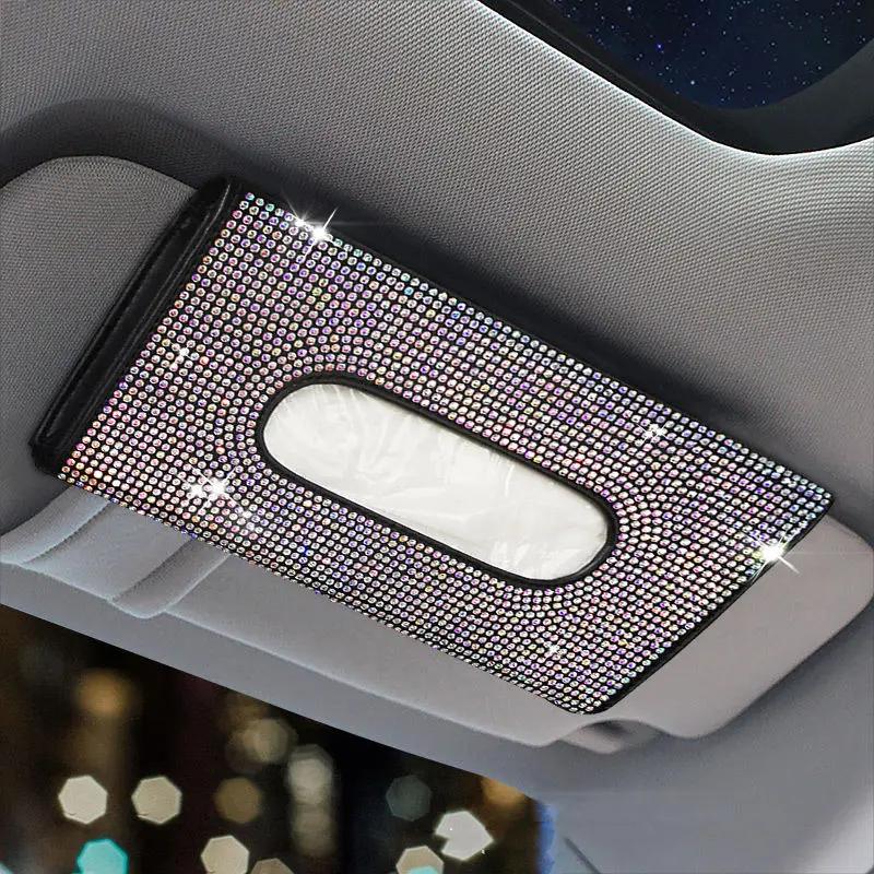Bling Crystal Rhinestone Leather Car Tissue Holder, Sun Visor Backseat Napkin Case, Auto Storage Accessory