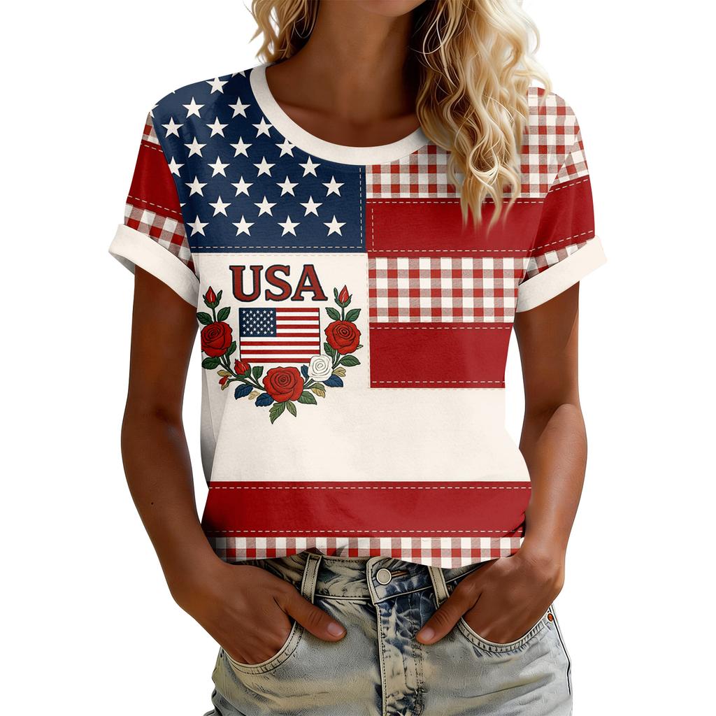 Women's American Floral Patchwork Print Casual T-Shirt 250Th Anniversary USA Shirt Patriotic Tshirt
