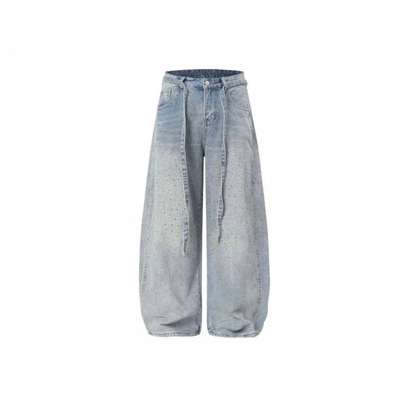 High Street Style Rhinestone Jeans Vintage Washed Denim Waist Wide Leg Loose Fit Long Pants Teens