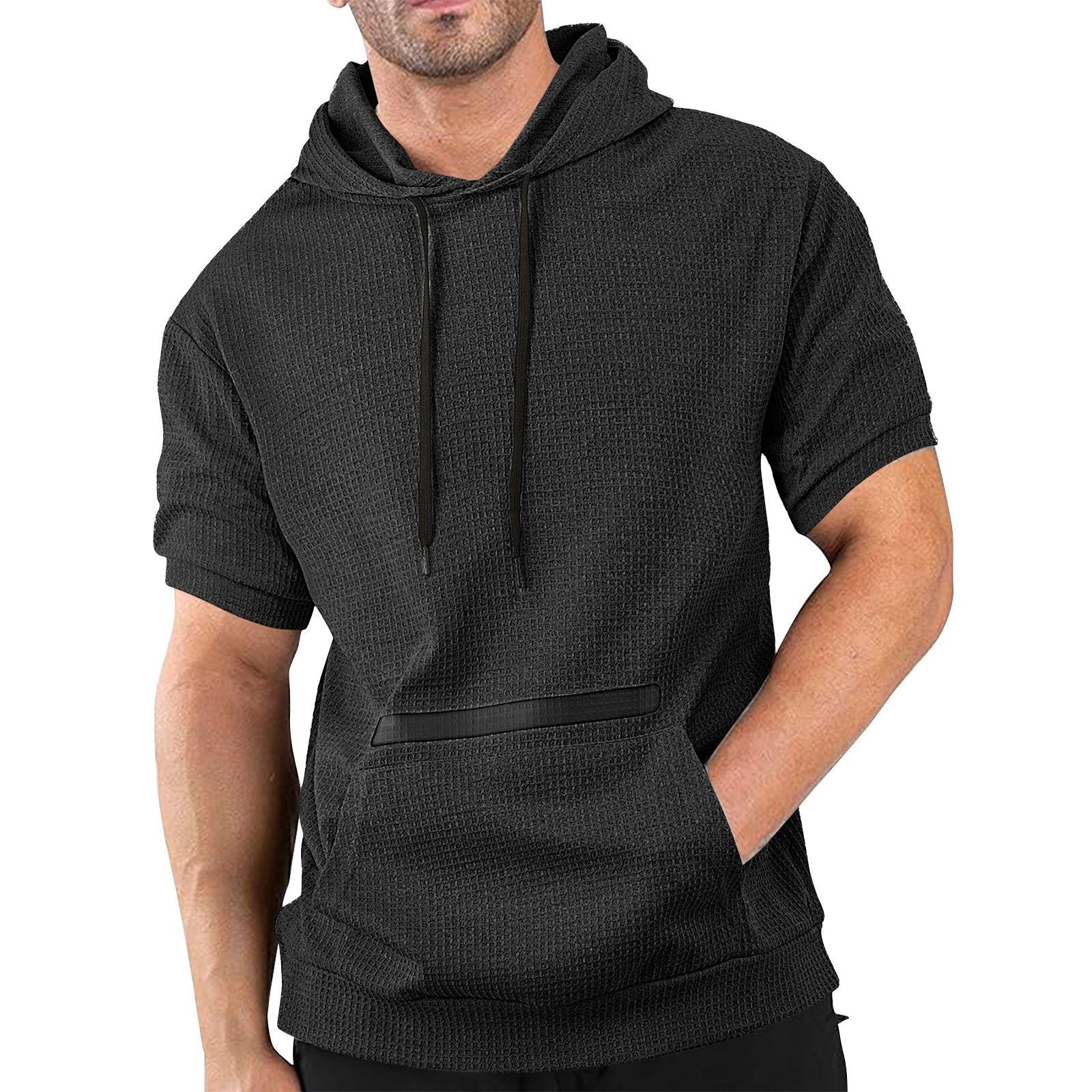 

Men s Summer Casual Hooded Short-sleeved T-shirt Solid Color Top T-shirt L чорний