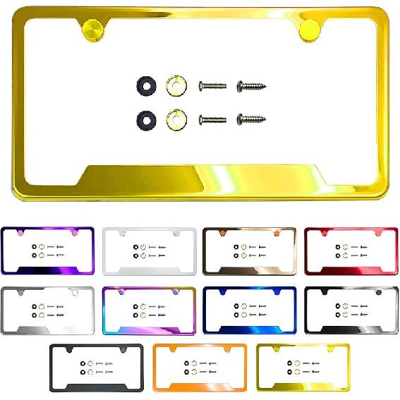 Bottom Corner Cut Out Version License Plate Frame Rose Gold Mirror Chrome Electroplating Universal Fit Aluminum Screw On Cap Cover, T304 Stainless