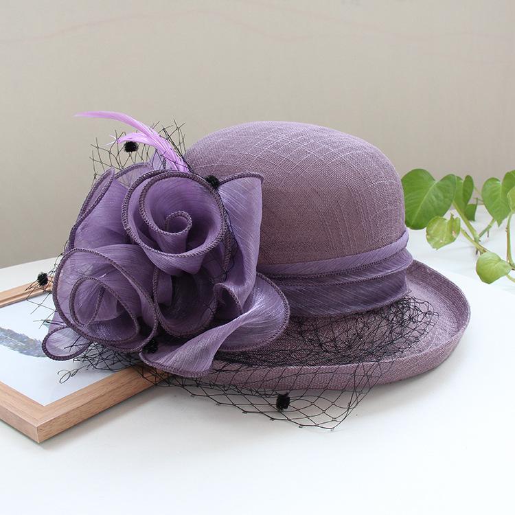 Temperament Linen Flower Elegant Banquet Top Hat Spring And Autumn Solid Color Curled Sun Hat Women'S Outdoor Sunscreen Basin Hat