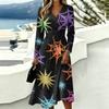 Women's Halloween Print V-Neck Long Sleeve Dress with Pockets for Casual Everyday Wear