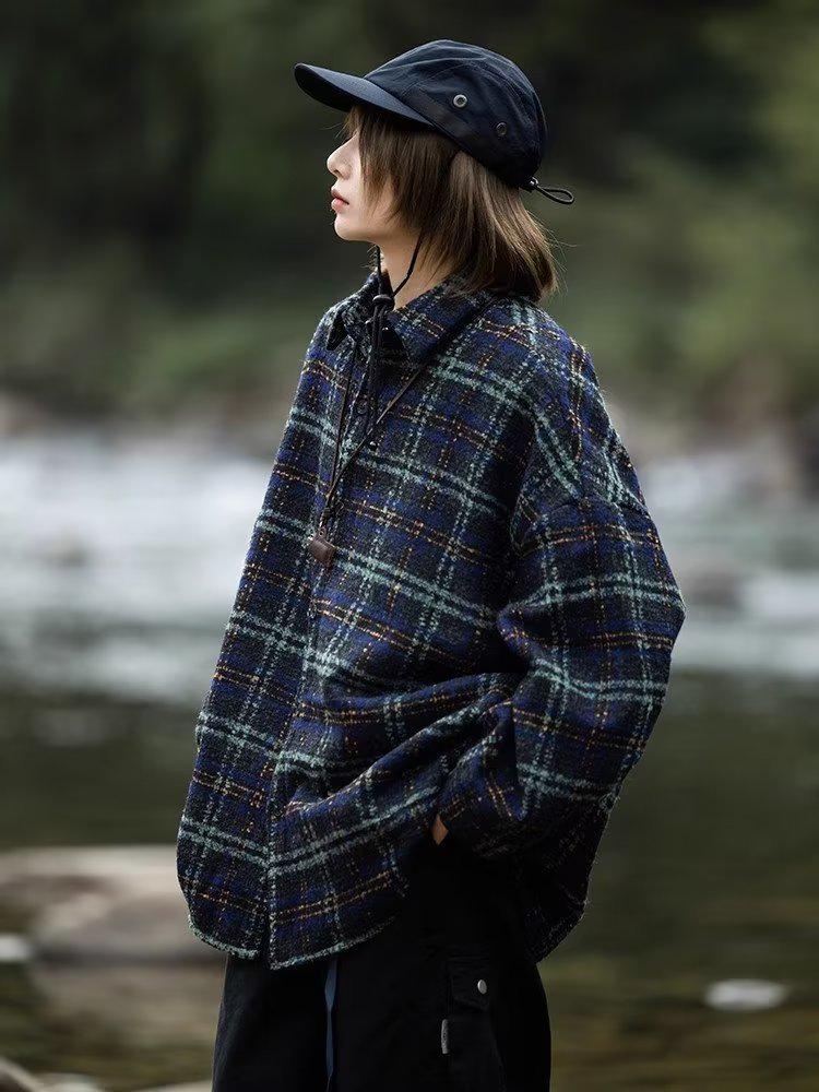 Japanese Retro Plaid Wool Shirt, Men's and Unisex Long Sleeve Jacket, Korean Style Trendy Spring & Fall Casual Wear