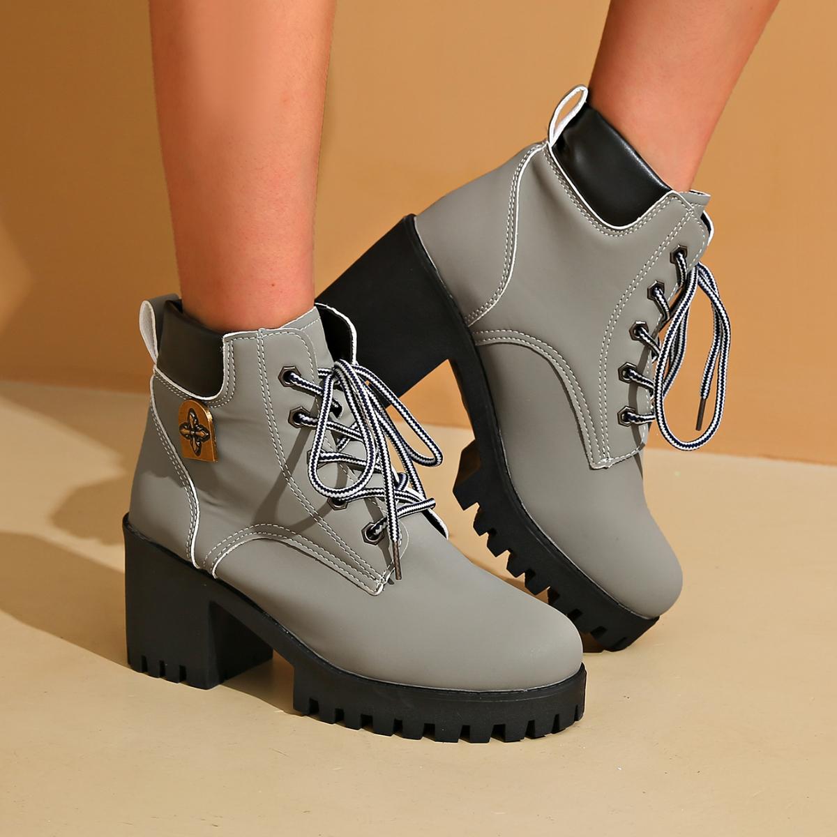 

Весна Зима Женские Ботинки Высокого Качества Шнуровка Высокие Каблуки Женские Европейская Женская Обувь Модные Уличные Удобные Ботинки Женские 35 серый