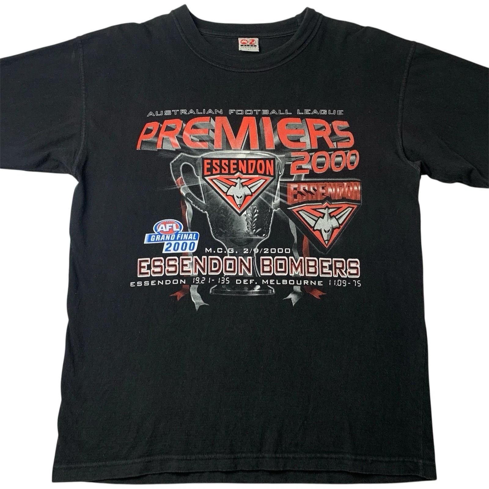 

Vintage Essendon Bombers AFL T Shirt Mens Size L Black Football Premiership 2000 4XL