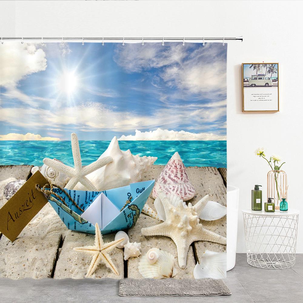 High Quality Sea Beach Shell Printed Shower Curtains starfish Bath Curtain Screen Waterproof Products Bathroom Decor with Hooks