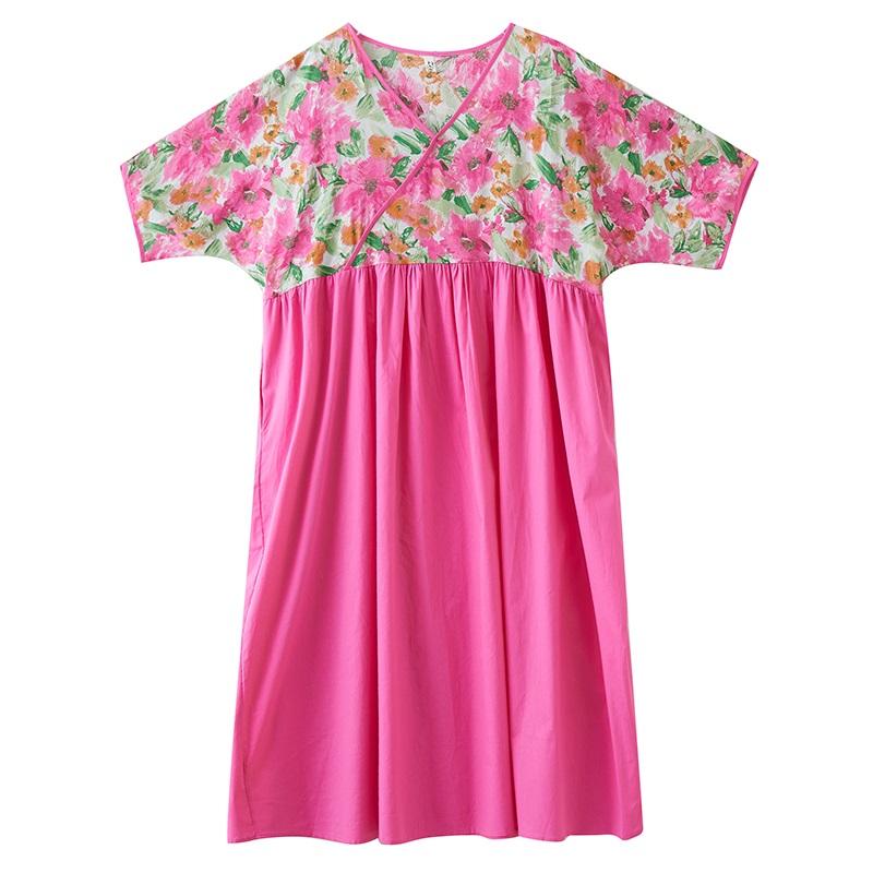 Kurzarm Plus Size Baumwolle Vintage Blumenmuster Neu in Kleidern für Damen lässig locker langes Sommerkleid
