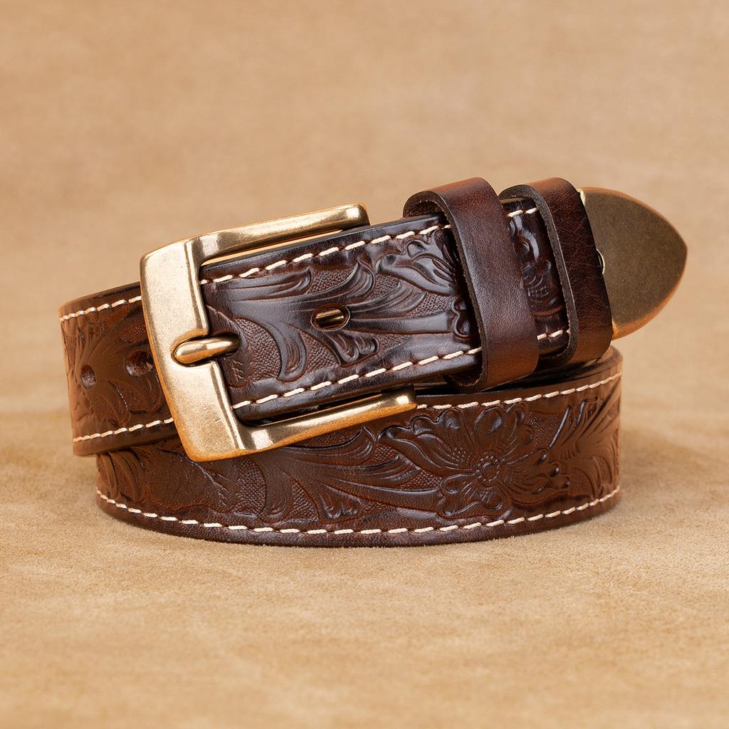 Men'S First-Layer Cowhide Belt Solid Copper Buckle Casual Simple Pin Buckle Leather Belt Business Middle-Aged And Young Men'S Belt