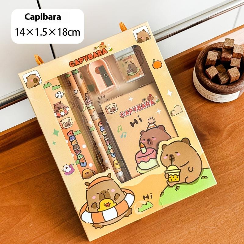 6Pcs/Set Cute Cartoon Capybara Pencil Stationery Set Kawaii Eraser Pencil Sharpener Children Student Stationery Supplies