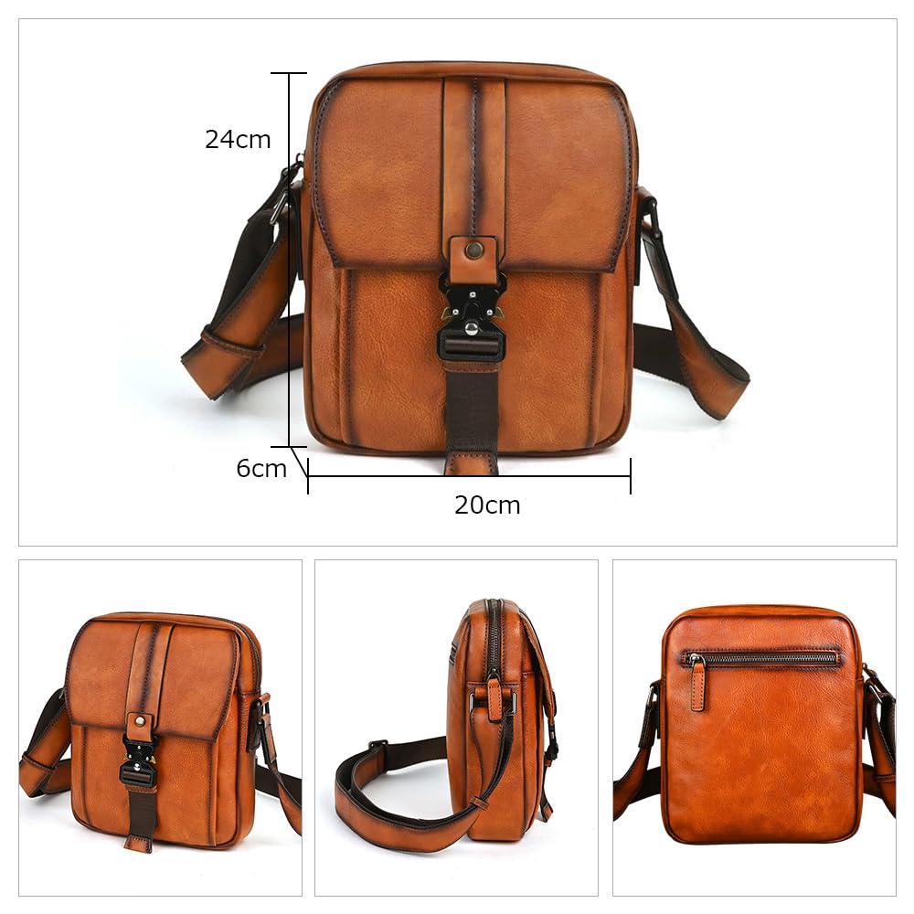 Whatna Antique-Style Tanned Natural Cowhide Leather Shoulder Bag for Men, Crossbody Chest Bag, One-Shoulder Bag for Commuting, School, and Messenger