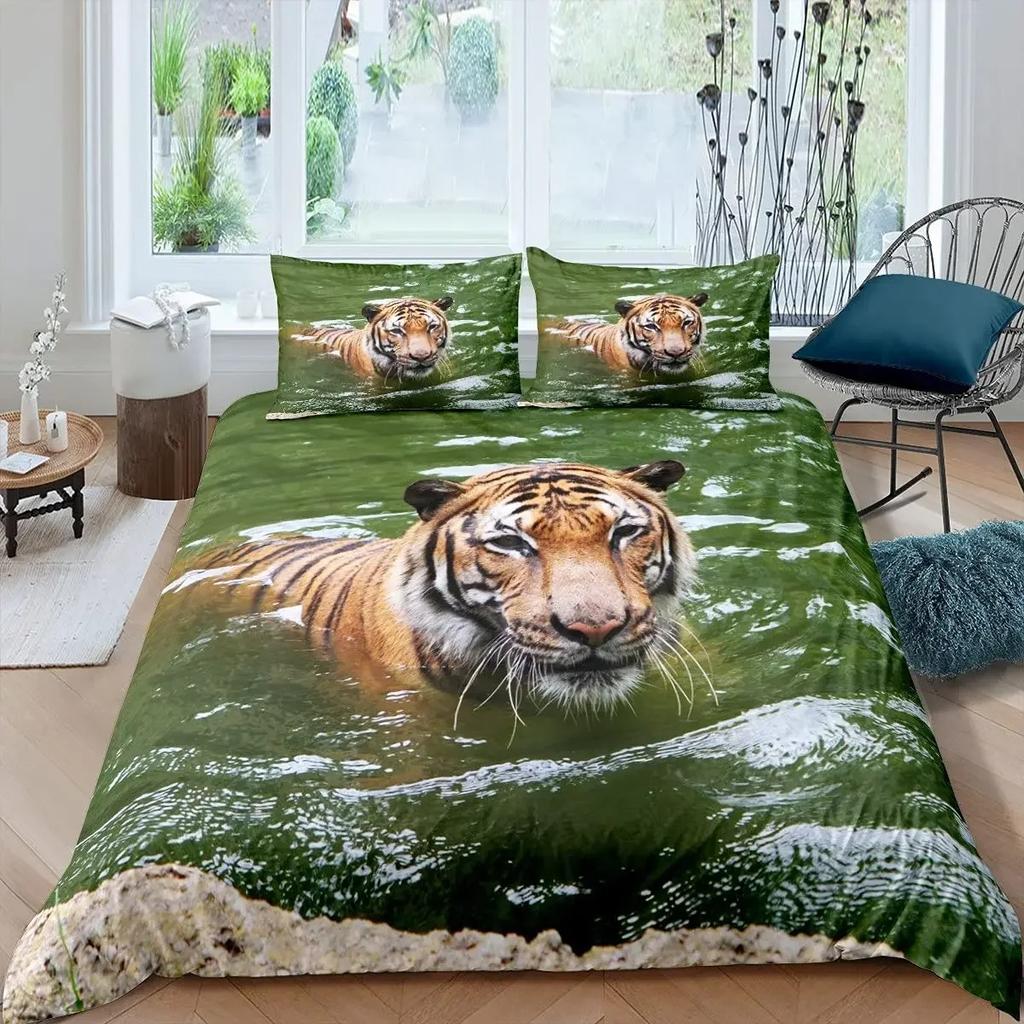 White Tiger Red Rose King Queen Duvet Cover Africa Big Cat 3D Polyester Bedding Set for Adult Teen