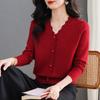 2025 Autumn/Winter Red Knit V-Neck Top: Gentle Style, Single-Breasted, Wavy Edges, Versatile Women's Wear
