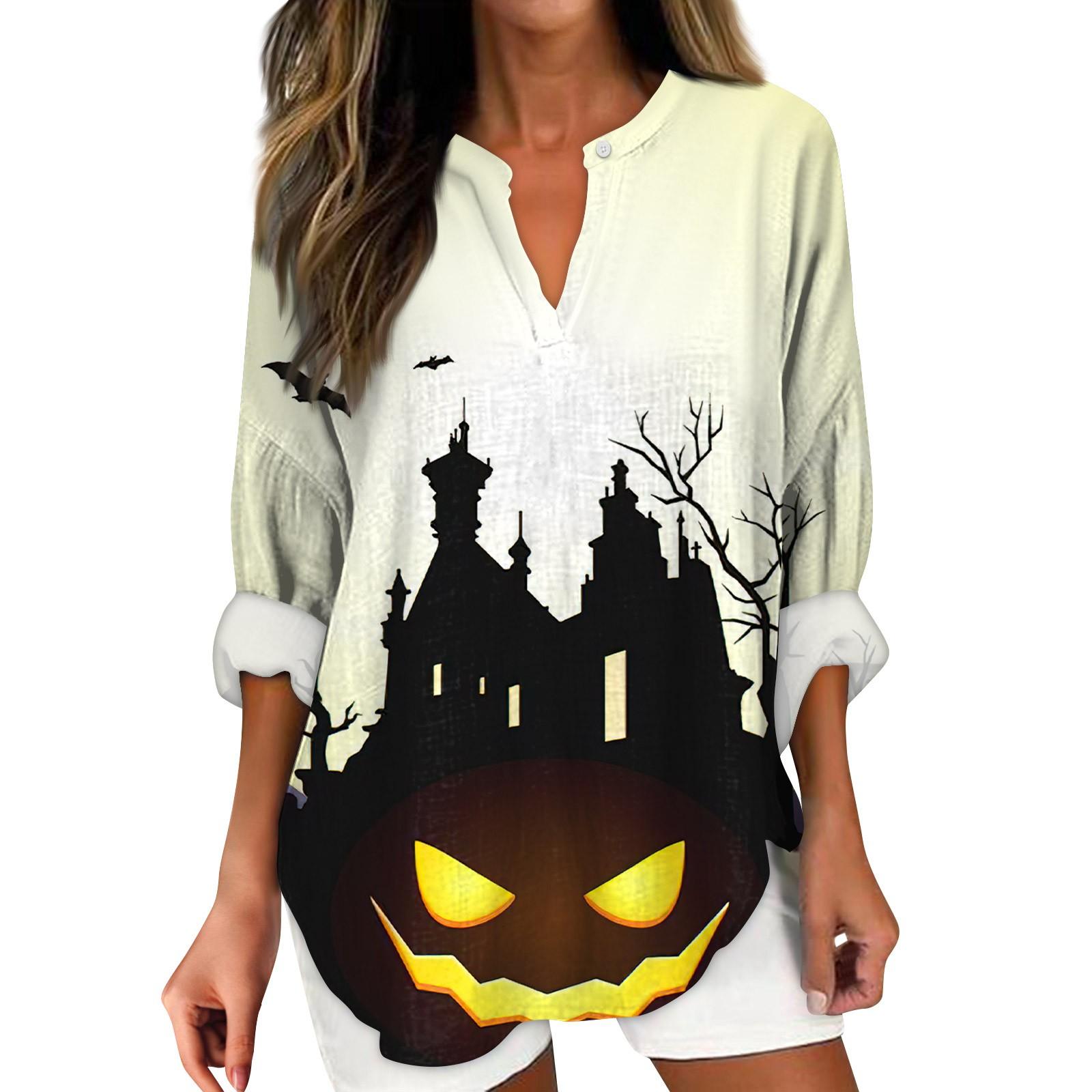 

Женские модные повседневные женские топы с v-образным вырезом и заниженными плечами и принтом на Хэллоуин L бежевый