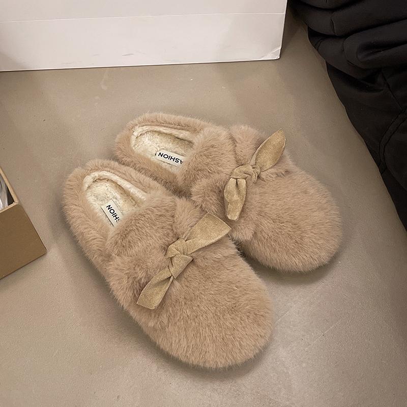 Fashion Aphixta Cute Butterfly Knot Design Solid Color Indoor Slipper Soft Warm Women Furry Mule Shoes Flat With Anti-skip Women Shoes