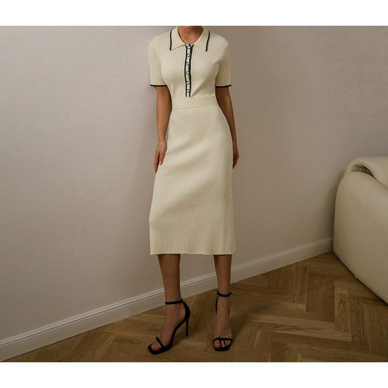 Women's Polo Collar Ribbed Knit Dress with Pearl Buttons and White Trim In Blue and Beige