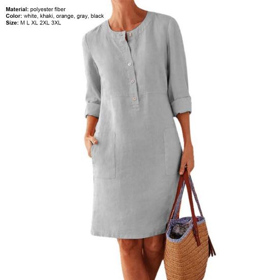 Women Dress Solid Color Pockets Summer Round Neck Long Sleeve Buttons Dress for Dating