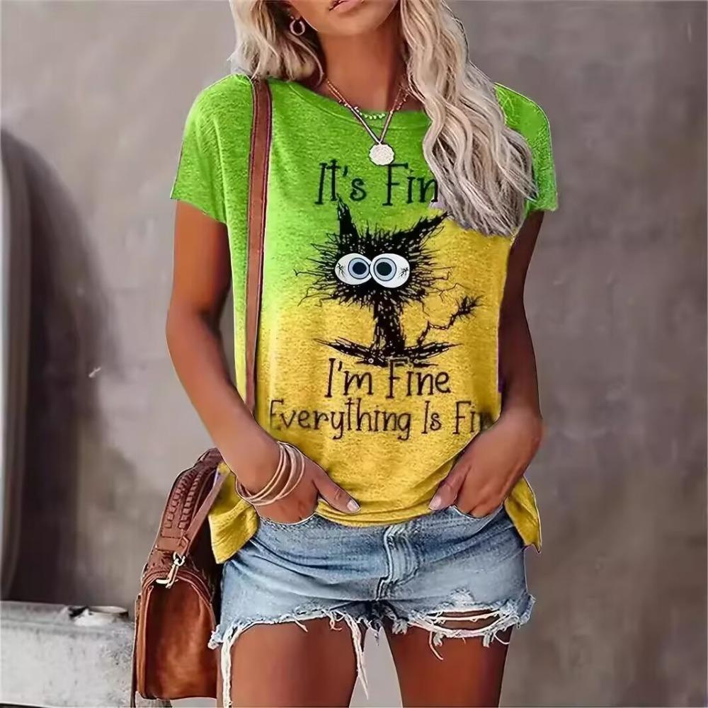 

Casual Gradient Cat Print Crew Neck T-Shirt Women Short Sleeve Summer Daily Wear Cute Graphic Top S