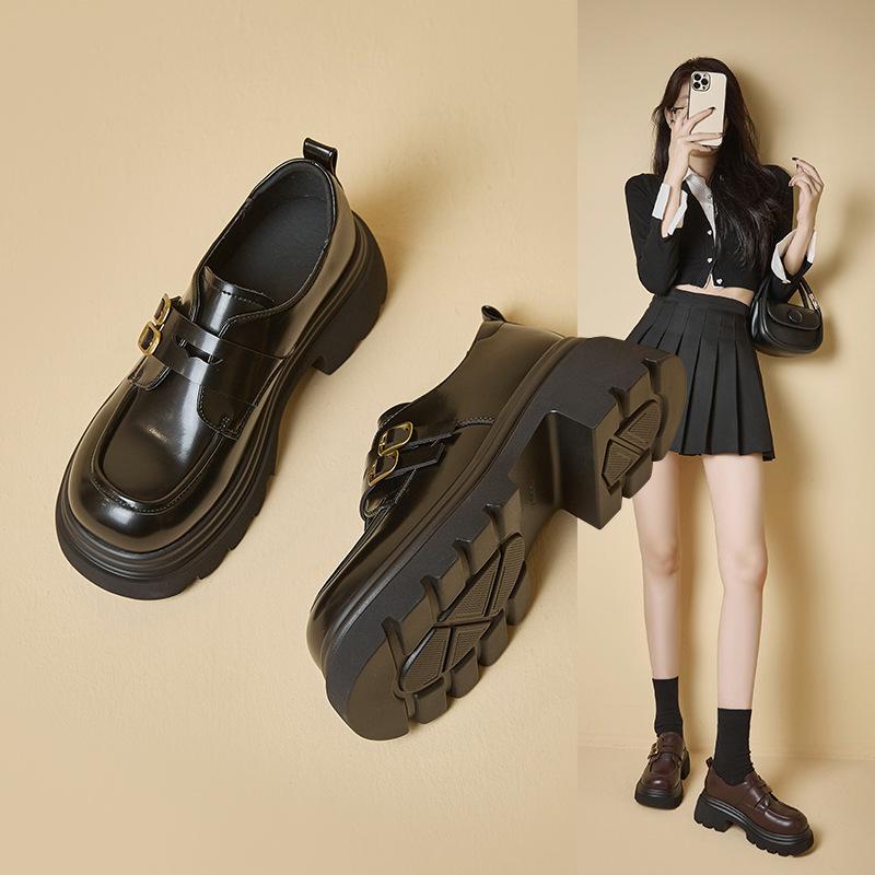 Small leather shoes women's 2025 autumn new round head platform single shoes women's black college style versatile loafers dress shoes