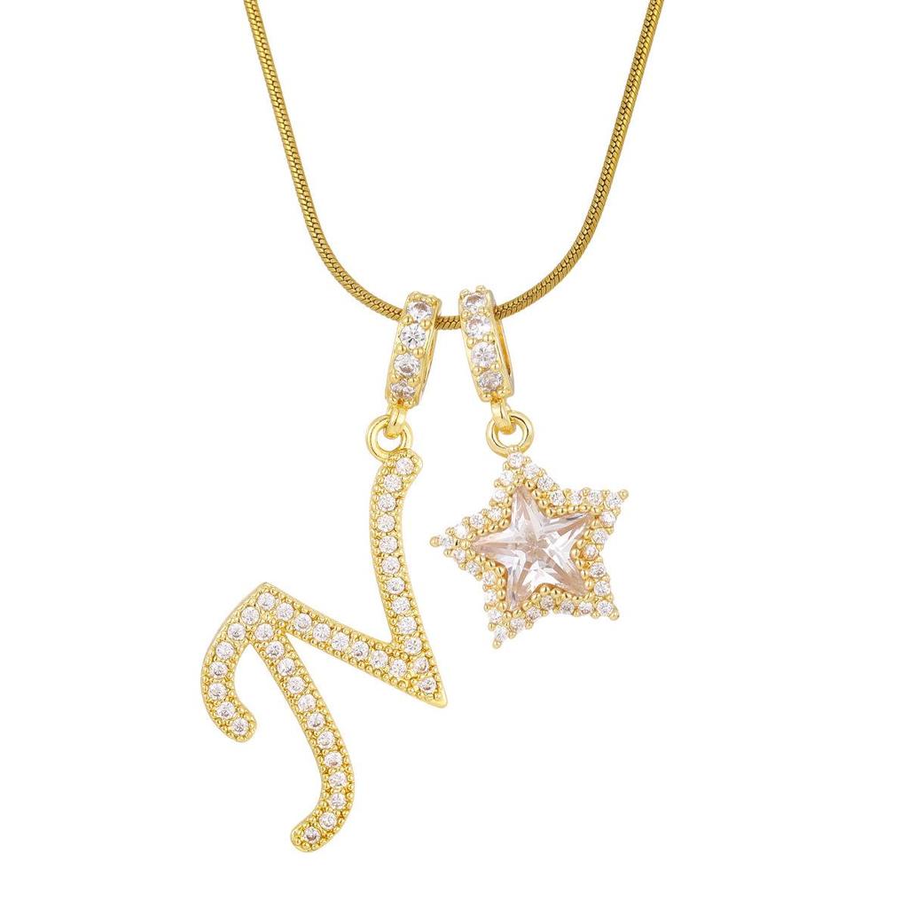 18K Gold Plated Copper Necklace with Zirconium Pentagram & Letter Pendant for Women