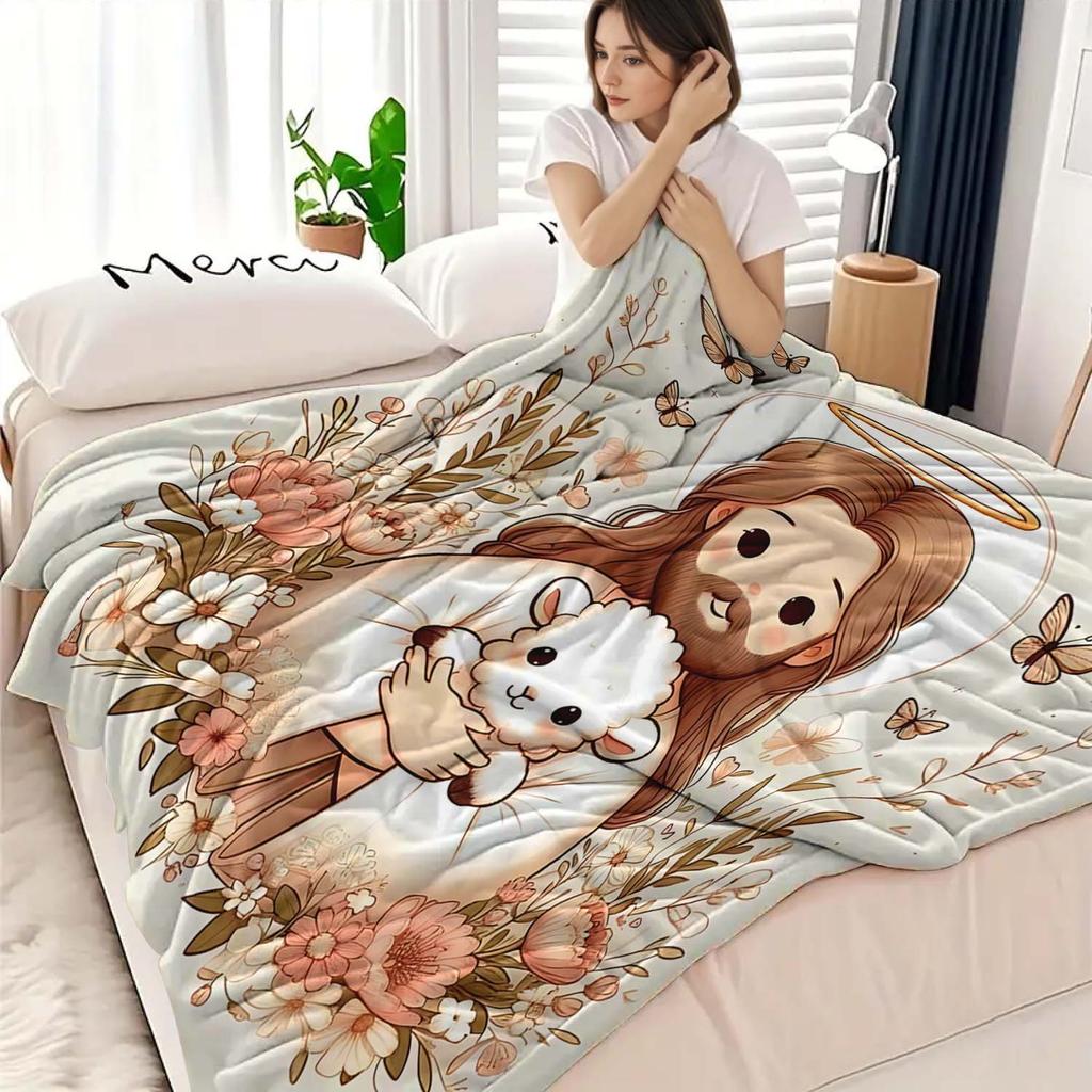 Cartoon Embracing Little Lamb Blanket, Soft Throw for Sofa Office Bed, Holiday Gift for Family Friends,All-Season Travel Camping
