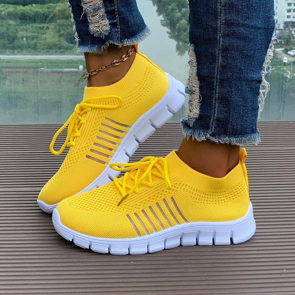 Summer Yellow Casual Shoes Women Flat Shoes Breathable Mesh Knit Sneakers Women Tennis Shoe Lightweight Running Shoes Woman Shoe