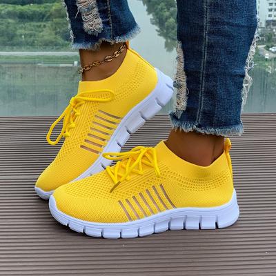 Summer Yellow Casual Shoes Women Flat Shoes Breathable Mesh Knit Sneakers Women Tennis Shoe Lightweight Running Shoes Woman Shoe
