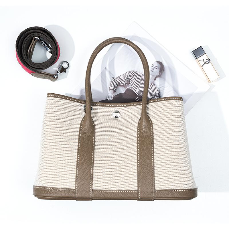 Niche high-end women's leather handbag, first-layer cowhide large-capacity canvas contrasting color garden tote bag