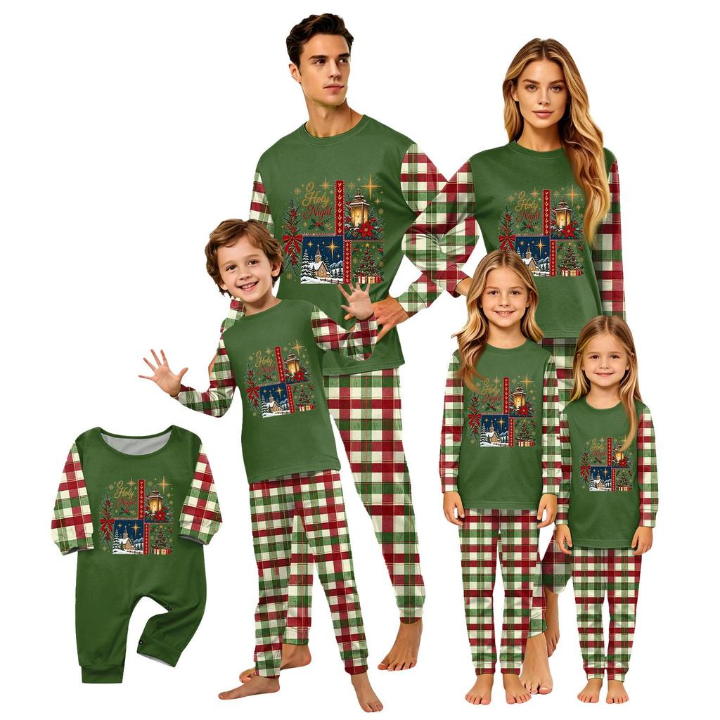 Christmas-print long-sleeve and long-pant matching family loungewear set